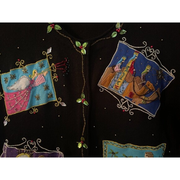 BEREK 2 Takako Sakon Angels Nativity Bejeweled Sequined Black Sweater Vintage L - Picture 6 of 12